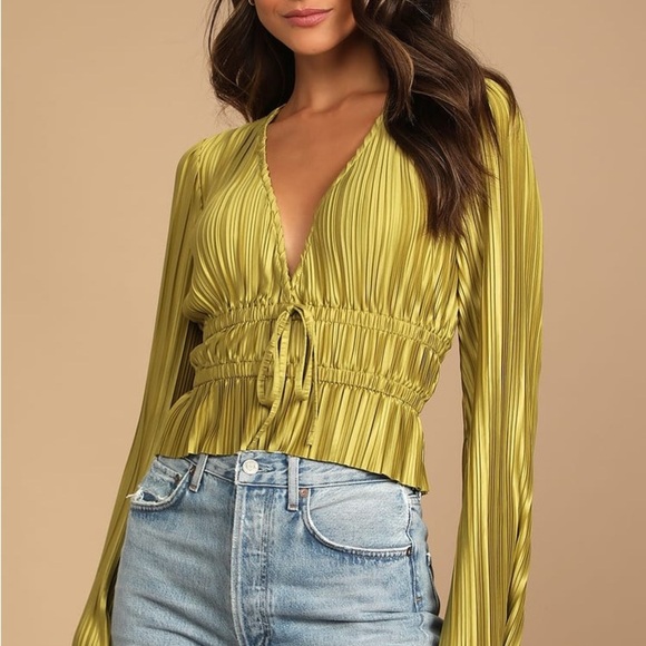 Lulus Tops - Lulus Staying Optimistic Chartreuse Pleated Bell Sleeve Top